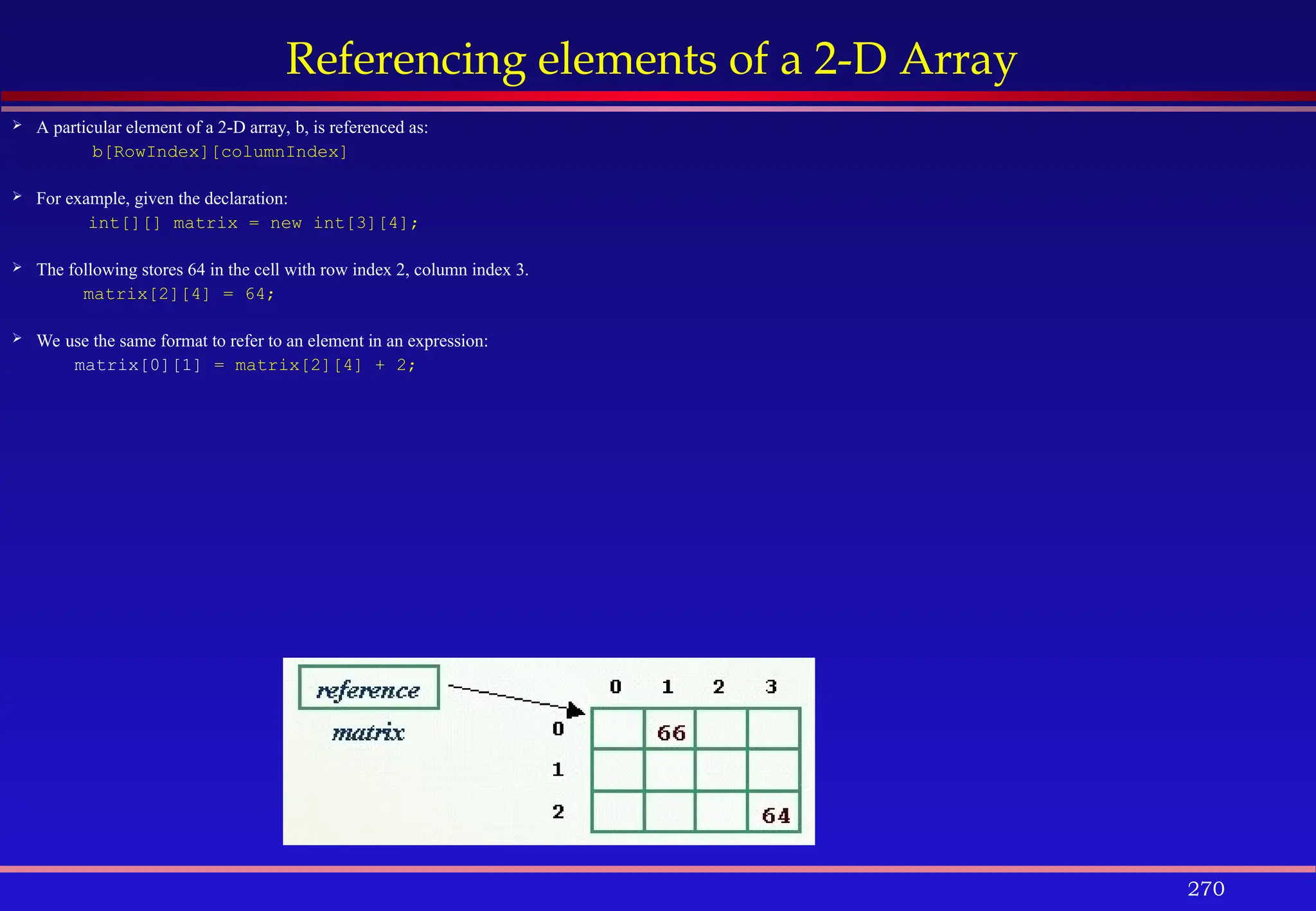 270
Referencing elements of a 2-D Array
 A particular element of a 2-D array, b, is referenced as:
b[RowIndex][columnIndex]
 For example, given the declaration:
int[][] matrix = new int[3][4];
 The following stores 64 in the cell with row index 2, column index 3.
matrix[2][4] = 64;
 We use the same format to refer to an element in an expression:
matrix[0][1] = matrix[2][4] + 2;
 