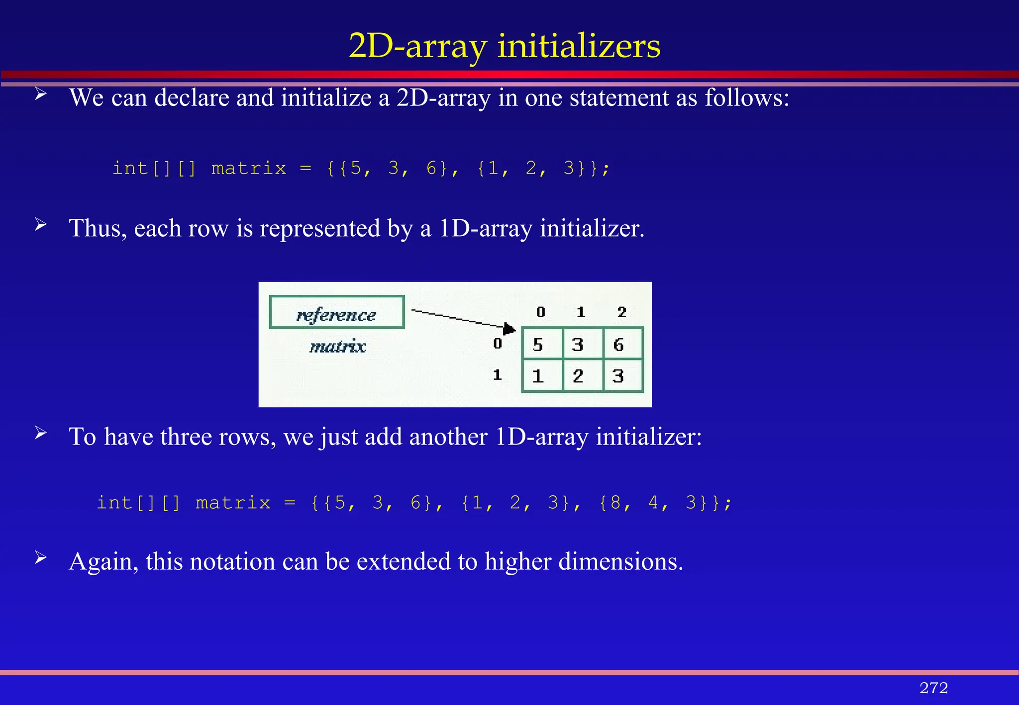 272
2D-array initializers
 We can declare and initialize a 2D-array in one statement as follows:
int[][] matrix = {{5, 3, 6}, {1, 2, 3}};
 Thus, each row is represented by a 1D-array initializer.
 To have three rows, we just add another 1D-array initializer:
int[][] matrix = {{5, 3, 6}, {1, 2, 3}, {8, 4, 3}};
 Again, this notation can be extended to higher dimensions.
 