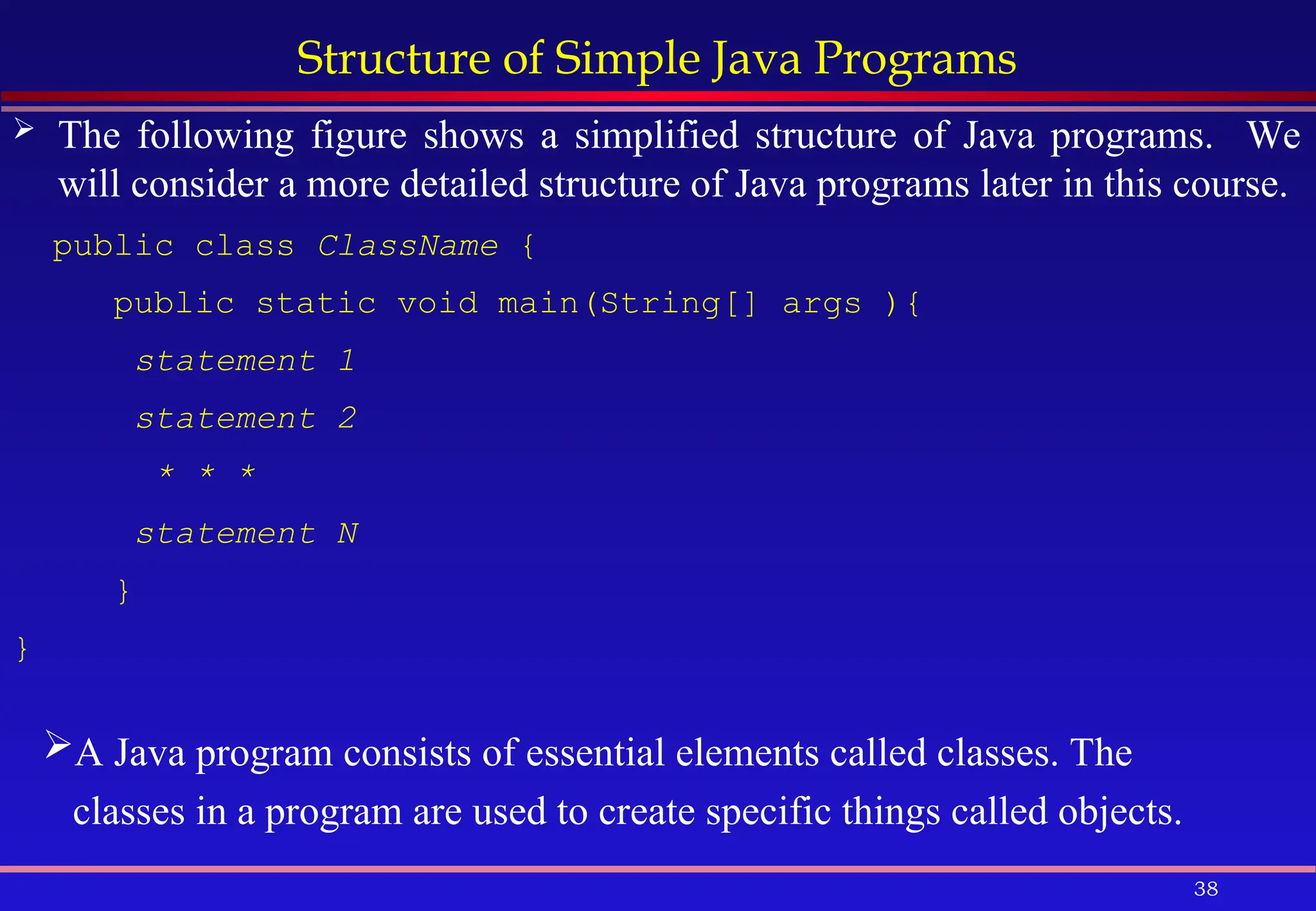 38
Structure of Simple Java Programs
 The following figure shows a simplified structure of Java programs. We
will consider a more detailed structure of Java programs later in this course.
public class ClassName {
public static void main(String[] args ){
statement 1
statement 2
* * *
statement N
}
}
A Java program consists of essential elements called classes. The
classes in a program are used to create specific things called objects.
 