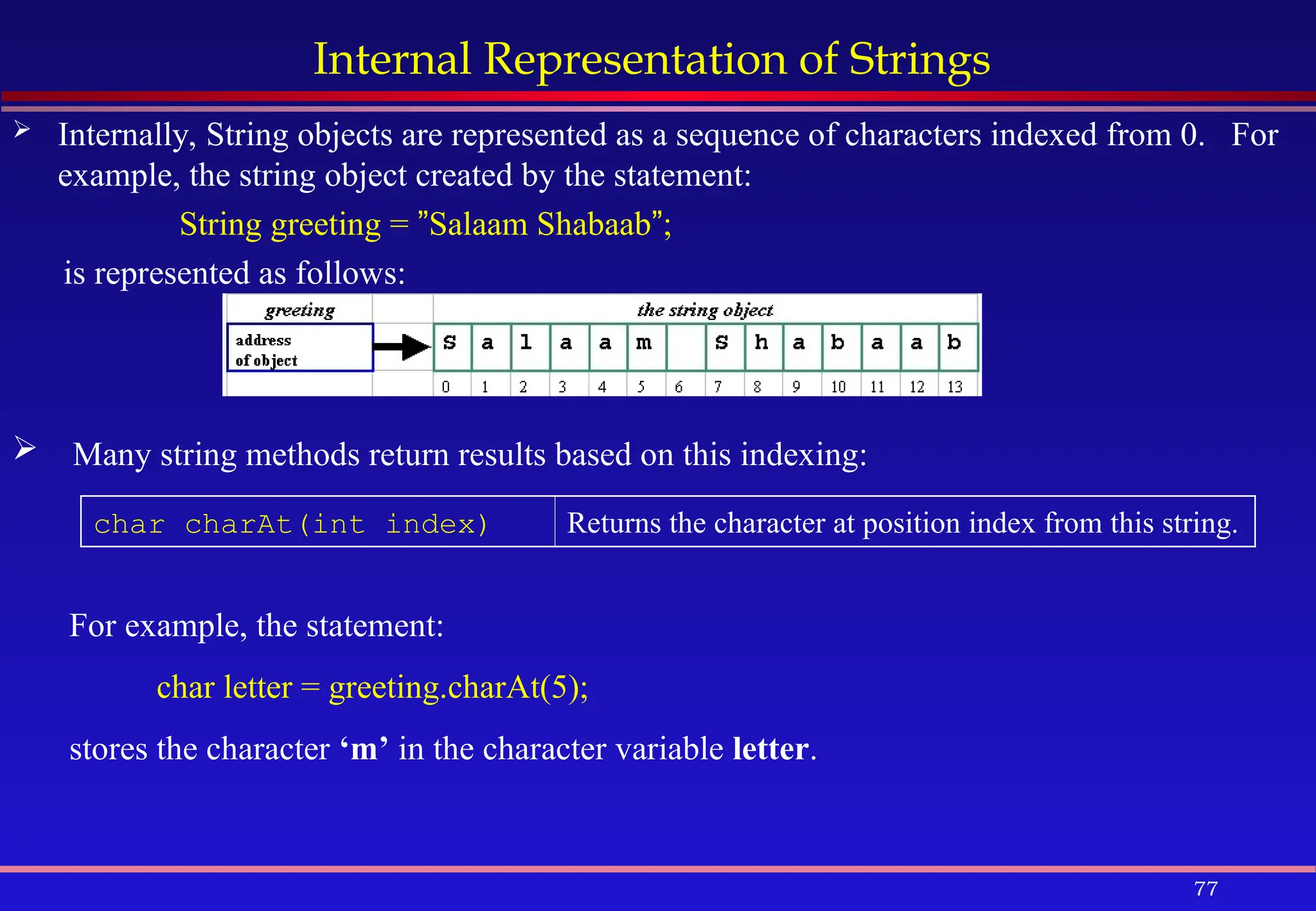 77
Internal Representation of Strings
 Internally, String objects are represented as a sequence of characters indexed from 0. For
example, the string object created by the statement:
String greeting = ”Salaam Shabaab”;
is represented as follows:
 Many string methods return results based on this indexing:
char charAt(int index) Returns the character at position index from this string.
For example, the statement:
char letter = greeting.charAt(5);
stores the character ‘m’ in the character variable letter.
 