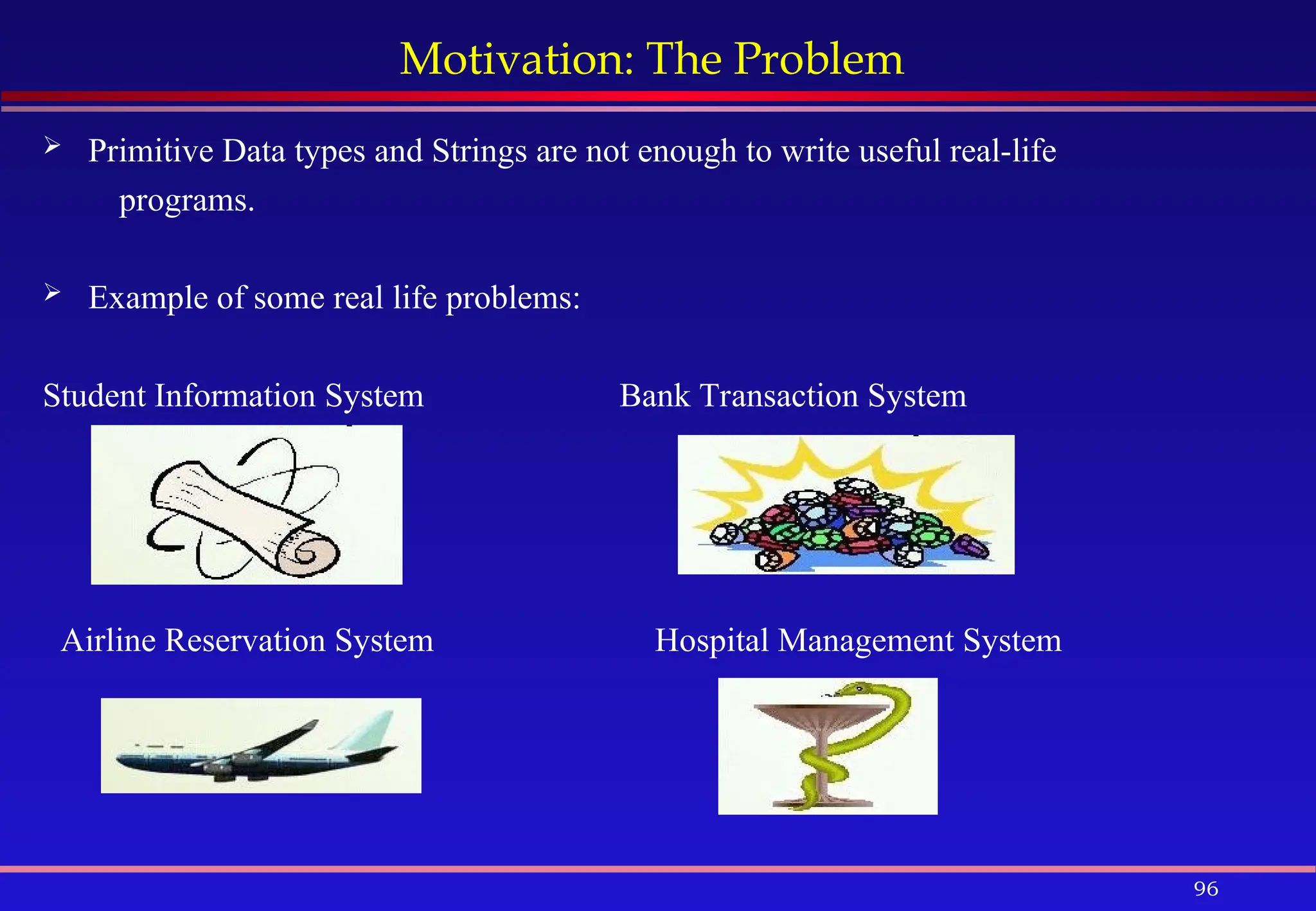 96
Motivation: The Problem
 Primitive Data types and Strings are not enough to write useful real-life
programs.
 Example of some real life problems:
Student Information System Bank Transaction System
Airline Reservation System Hospital Management System
 
