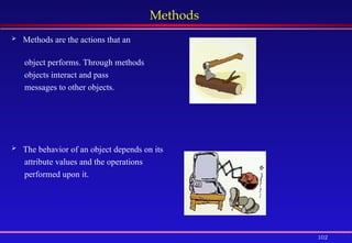 102
Methods
 Methods are the actions that an
object performs. Through methods
objects interact and pass
messages to other objects.
 The behavior of an object depends on its
attribute values and the operations
performed upon it.
 