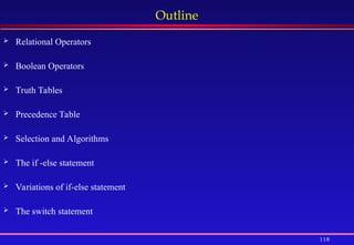 118
Outline
 Relational Operators
 Boolean Operators
 Truth Tables
 Precedence Table
 Selection and Algorithms
 The if -else statement
 Variations of if-else statement
 The switch statement
 