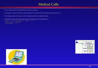 182
Method Calls
 The set of methods defined for an object determines the behavior of that object.
 For Example, for an object of Student class; methods: getID, setGPA, and getName will make the behavior of this object known to us.
 After creating an object from a class, a series of methods are called to accomplish some tasks.
 The following code creates a Student object, then it increments the GPA of this student by 0.1:
Student s = new Student(243, “Husam” , 3.1);
double gpa = s.getGPA();
s.setGPA(gpa + 0.1) ;
 