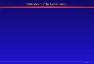 225
Introduction to Inheritance
 Access Modifiers
 Methods in Subclasses
 Method Overriding
 Converting Class Types
 Why up-cast?
 Why down-cast?
 Exercises
 