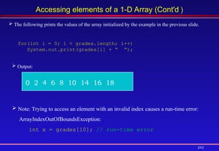 242
Accessing elements of a 1-D Array (Cont'd )
 The following prints the values of the array initialized by the example in the previous slide.
for(int i = 0; i < grades.length; i++)
System.out.print(grades[i] + “ “);
 Output:
0 2 4 6 8 10 14 16 18
 Note: Trying to access an element with an invalid index causes a run-time error:
ArrayIndexOutOfBoundsException:
int x = grades[10]; // run-time error
 