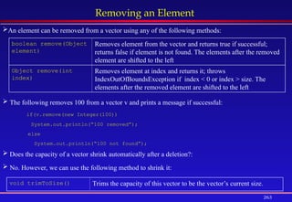 263
Removing an Element
boolean remove(Object
element)
Removes element from the vector and returns true if successful;
returns false if element is not found. The elements after the removed
element are shifted to the left
Object remove(int
index)
Removes element at index and returns it; throws
IndexOutOfBoundsException if index < 0 or index > size. The
elements after the removed element are shifted to the left
void trimToSize() Trims the capacity of this vector to be the vector’s current size.
An element can be removed from a vector using any of the following methods:
 The following removes 100 from a vector v and prints a message if successful:
if(v.remove(new Integer(100))
System.out.println(“100 removed”);
else
System.out.println(“100 not found”);
 Does the capacity of a vector shrink automatically after a deletion?:
 No. However, we can use the following method to shrink it:
 