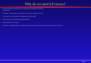 268
Why do we need 2-D arrays?
 The same reason that necessitated the use of 1-D arrays can be extended to 2-D and other
multi-D Arrays.
 For example, to store the grades of 30 students, in 5 courses require multiple 1-D arrays.
 A 2-D array allows all these grades to be handled using a single variable.
 This idea can be easily extended to other higher dimensions.
 Thus, we shall focus on 2-D arrays.
 A 2-D array is a contiguous collection of variables of the same type, that may be viewed as a table consisting of rows and columns.
 