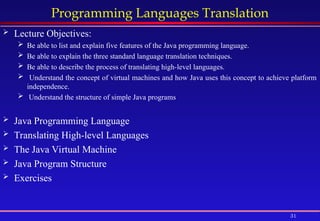 31
Programming Languages Translation
 Lecture Objectives:
 Be able to list and explain five features of the Java programming language.
 Be able to explain the three standard language translation techniques.
 Be able to describe the process of translating high-level languages.
 Understand the concept of virtual machines and how Java uses this concept to achieve platform
independence.
 Understand the structure of simple Java programs
 Java Programming Language
 Translating High-level Languages
 The Java Virtual Machine
 Java Program Structure
 Exercises
 