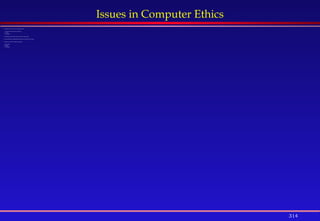314
Issues in Computer Ethics
 Common issues of concern in computer ethics are:
1. Intellectual property rights (ownership)
2. Privacy
3. Censorship
 "Ownership" implies that a property owner has certain rights.
 The ownership of an intellectual property can prevent others from using it.
 Protection to owners of intellectual property:
1. Copyrights
2. Patents
3. Trademarks
 