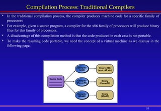 35
Compilation Process: Traditional Compilers
 In the traditional compilation process, the compiler produces machine code for a specific family of
processors
 For example, given a source program, a compiler for the x86 family of processors will produce binary
files for this family of processors.
 A disadvantage of this compilation method is that the code produced in each case is not portable.
 To make the resulting code portable, we need the concept of a virtual machine as we discuss in the
following page.
 