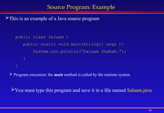 39
Source Program: Example
public class Salaam {
public static void main(String[] args ){
System.out.println(“Salaam Shabab.”);
}
}
This is an example of a Java source program
 Program execution: the main method is called by the runtime system
You must type this program and save it in a file named Salaam.java
 