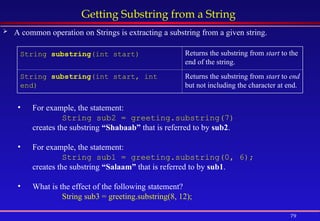 79
Getting Substring from a String
 A common operation on Strings is extracting a substring from a given string.
String substring(int start) Returns the substring from start to the
end of the string.
String substring(int start, int
end)
Returns the substring from start to end
but not including the character at end.
• For example, the statement:
String sub2 = greeting.substring(7)
creates the substring “Shabaab” that is referred to by sub2.
• For example, the statement:
String sub1 = greeting.substring(0, 6);
creates the substring “Salaam” that is referred to by sub1.
• What is the effect of the following statement?
String sub3 = greeting.substring(8, 12);
 