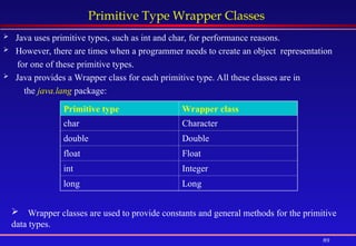89
Primitive Type Wrapper Classes
 Java uses primitive types, such as int and char, for performance reasons.
 However, there are times when a programmer needs to create an object representation
for one of these primitive types.
 Java provides a Wrapper class for each primitive type. All these classes are in
the java.lang package:
Primitive type Wrapper class
char Character
double Double
float Float
int Integer
long Long
Wrapper classes are used to provide constants and general methods for the primitive
data types.
 