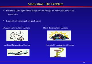 96
Motivation: The Problem
 Primitive Data types and Strings are not enough to write useful real-life
programs.
 Example of some real life problems:
Student Information System Bank Transaction System
Airline Reservation System Hospital Management System
 