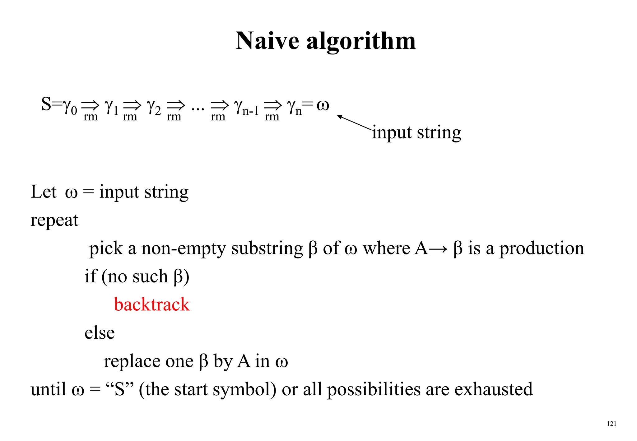 121
Naive algorithm
S=0  1  2  ...  n-1  n= 
input string
rm
rm
rm rm
rm
Let  = input string
repeat
pick a non-empty substring β of  where A→ β is a production
if (no such β)
backtrack
else
replace one β by A in 
until  = “S” (the start symbol) or all possibilities are exhausted
 