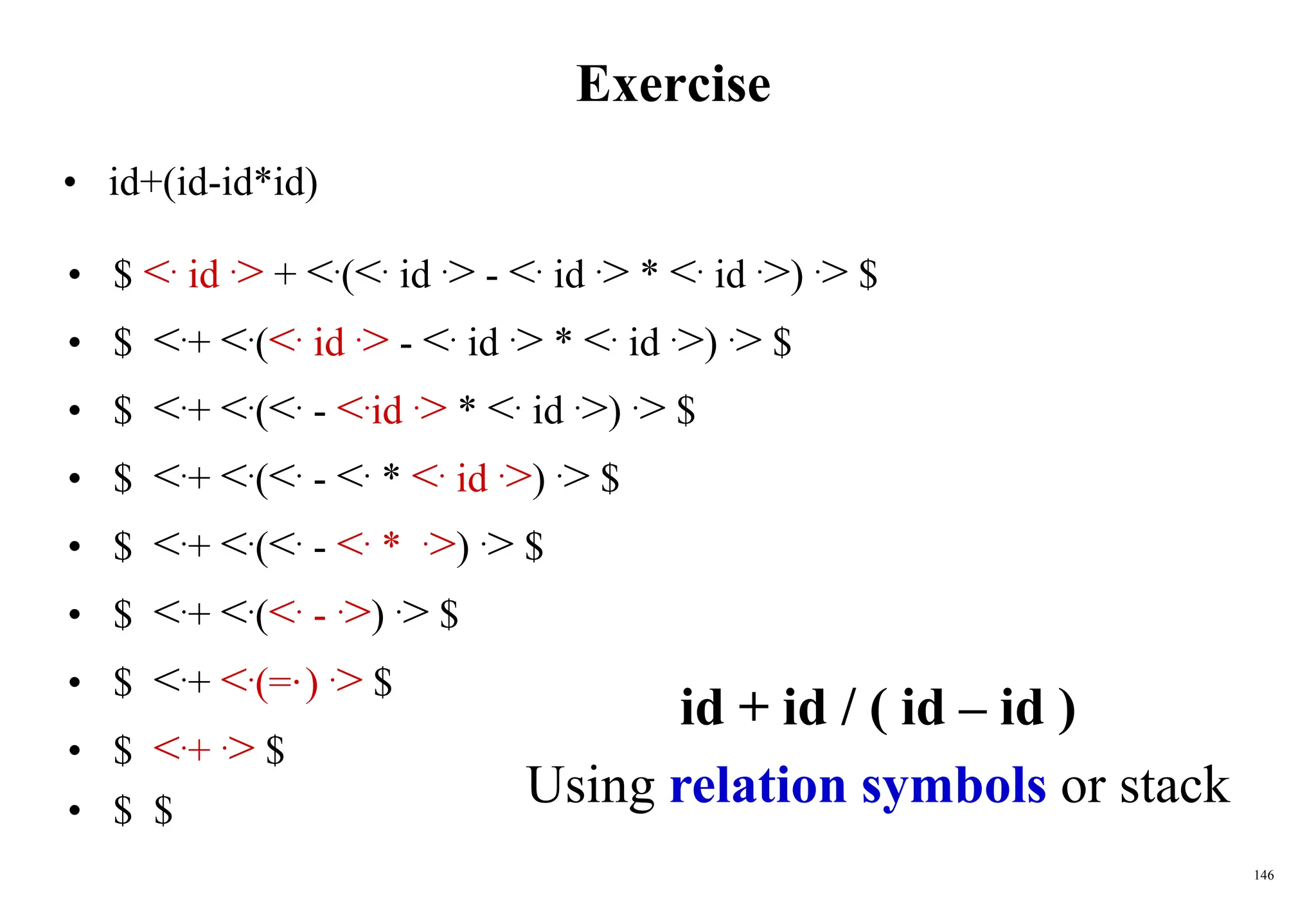 146
Exercise
• id+(id-id*id)
• $ <. id .> + <.(<. id .> - <. id .> * <. id .>) .> $
• $ <.+ <.(<. id .> - <. id .> * <. id .>) .> $
• $ <.+ <.(<. - <.id .> * <. id .>) .> $
• $ <.+ <.(<. - <. * <. id .>) .> $
• $ <.+ <.(<. - <. * .>) .> $
• $ <.+ <.(<. - .>) .> $
• $ <.+ <.(=·
) .> $
• $ <.+ .> $
• $ $
id + id / ( id – id )
Using relation symbols or stack
 