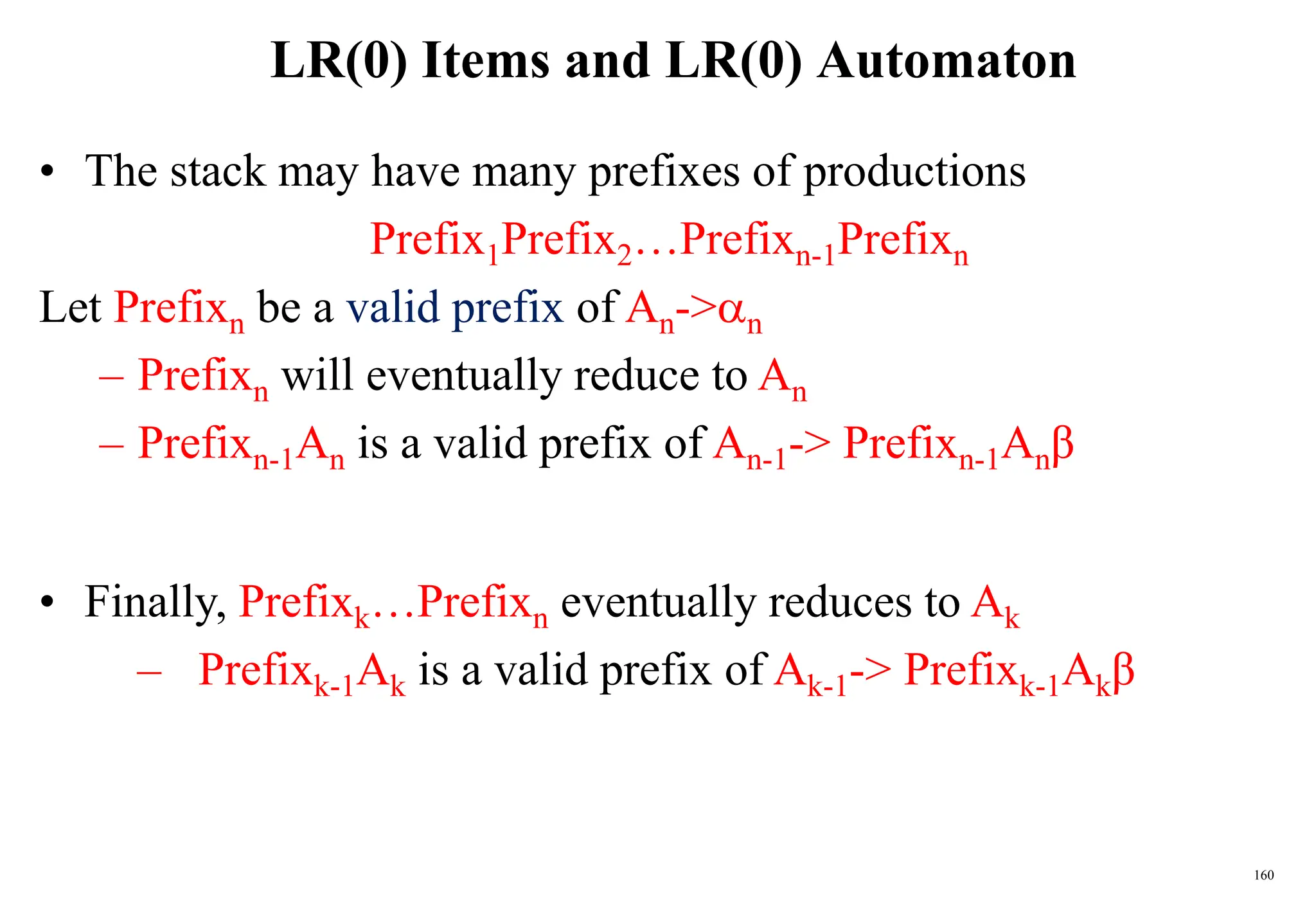 160
LR(0) Items and LR(0) Automaton
• The stack may have many prefixes of productions
Prefix1Prefix2…Prefixn-1Prefixn
Let Prefixn be a valid prefix of An->n
– Prefixn will eventually reduce to An
– Prefixn-1An is a valid prefix of An-1-> Prefixn-1Anβ
• Finally, Prefixk…Prefixn eventually reduces to Ak
– Prefixk-1Ak is a valid prefix of Ak-1-> Prefixk-1Akβ
 