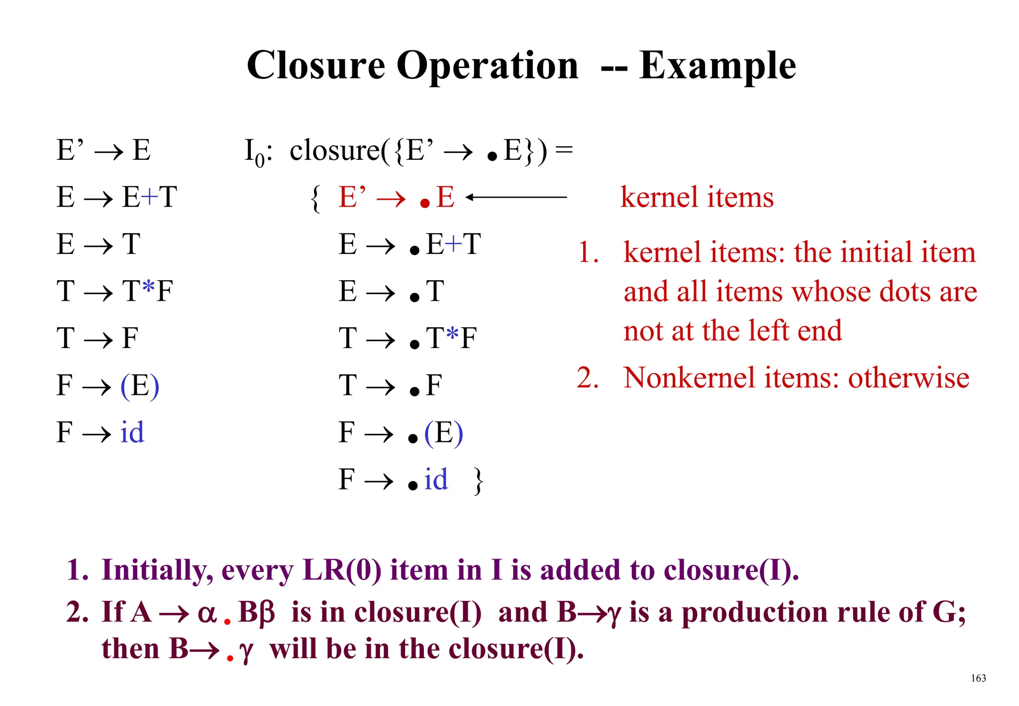 163
Closure Operation -- Example
E’  E I0: closure({E’  .E}) =
E  E+T { E’  .E kernel items
E  T E  .E+T
T  T*F E  .T
T  F T  .T*F
F  (E) T  .F
F  id F  .(E)
F  .id }
1. kernel items: the initial item
and all items whose dots are
not at the left end
2. Nonkernel items: otherwise
1. Initially, every LR(0) item in I is added to closure(I).
2. If A    B is in closure(I) and B is a production rule of G;
then B   will be in the closure(I).
 