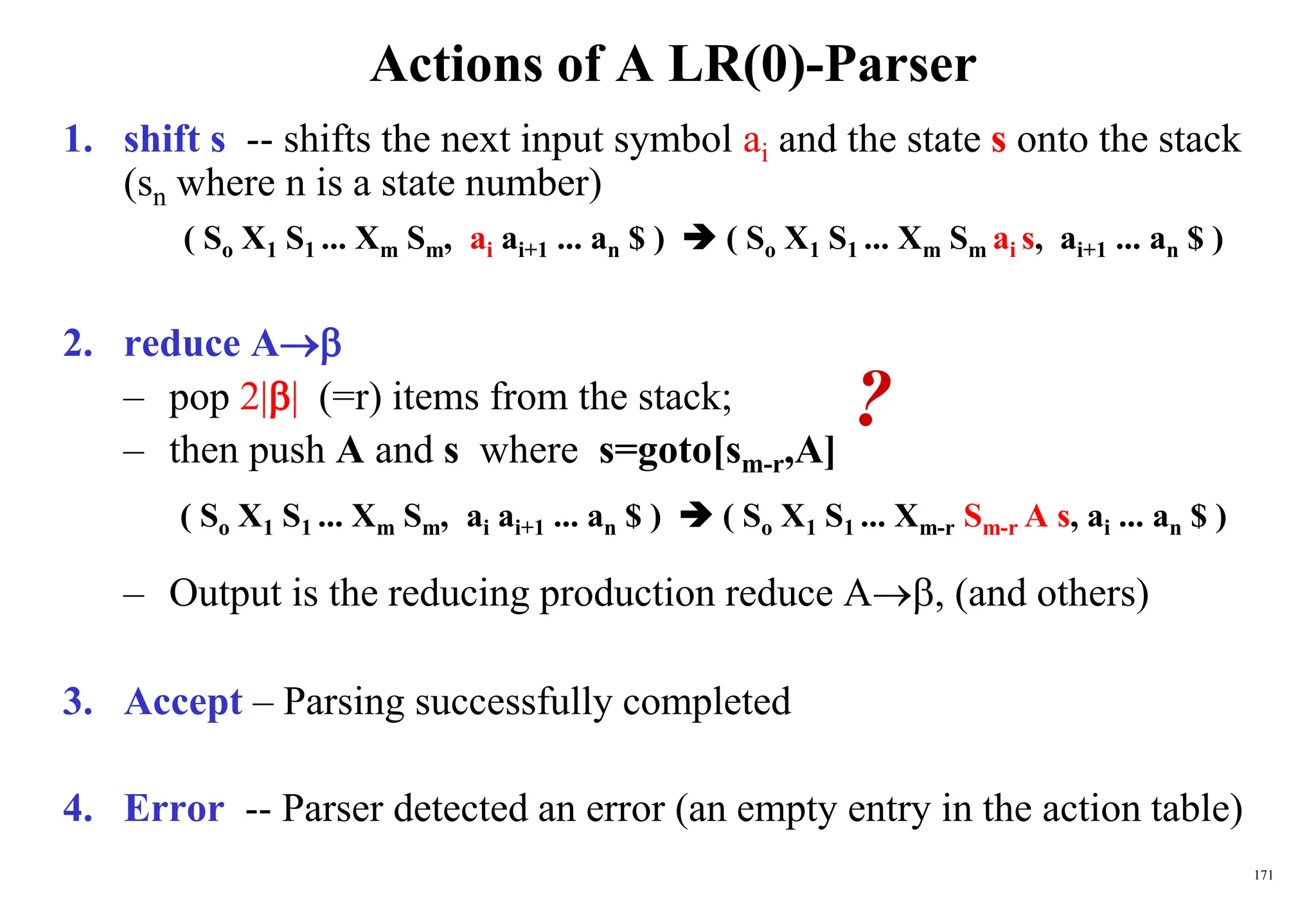 171
Actions of A LR(0)-Parser
1. shift s -- shifts the next input symbol ai and the state s onto the stack
(sn where n is a state number)
( So X1 S1 ... Xm Sm, ai ai+1 ... an $ )  ( So X1 S1 ... Xm Sm ai s, ai+1 ... an $ )
2. reduce A
– pop 2|| (=r) items from the stack;
– then push A and s where s=goto[sm-r,A]
( So X1 S1 ... Xm Sm, ai ai+1 ... an $ )  ( So X1 S1 ... Xm-r Sm-r A s, ai ... an $ )
– Output is the reducing production reduce A, (and others)
3. Accept – Parsing successfully completed
4. Error -- Parser detected an error (an empty entry in the action table)
?
 