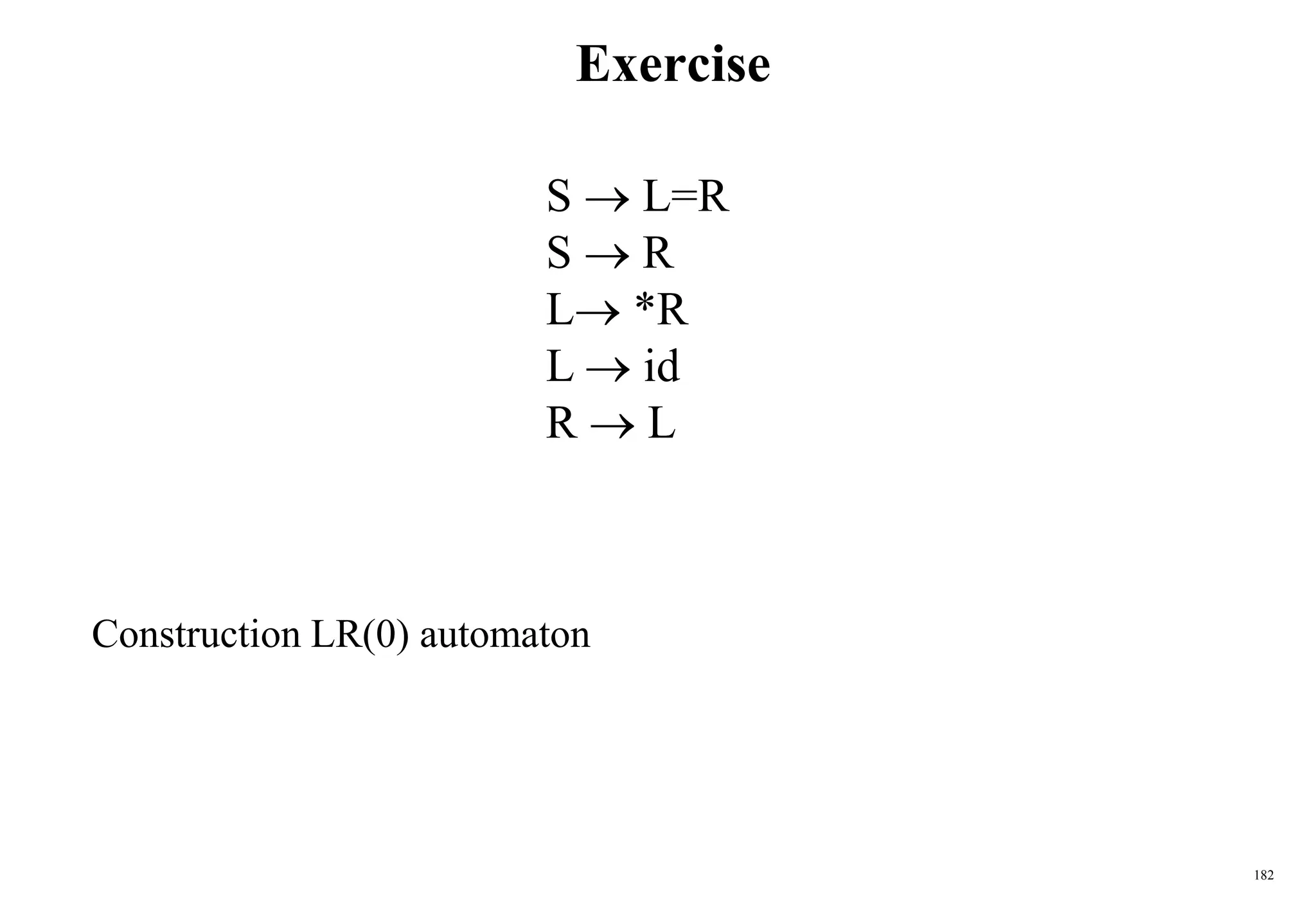 182
Exercise
Construction LR(0) automaton
S  L=R
S  R
L *R
L  id
R  L
 