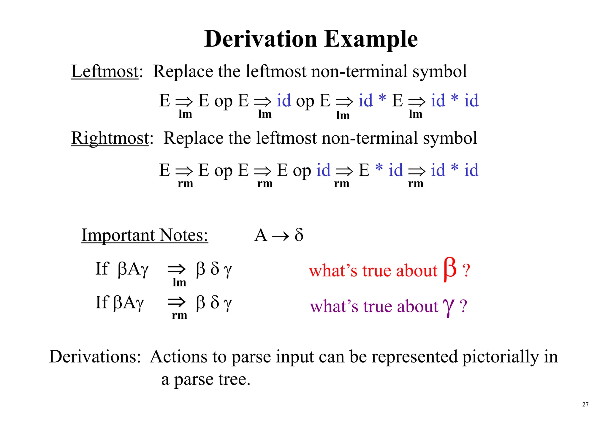 27

lm
Derivation Example
Leftmost: Replace the leftmost non-terminal symbol
E  E op E  id op E  id * E  id * id
Rightmost: Replace the leftmost non-terminal symbol
E  E op E  E op id  E * id  id * id
lm
lm
lm
lm
rm
rm
rm
rm
Important Notes: A  
If A   
If A   

rm
Derivations: Actions to parse input can be represented pictorially in
a parse tree.
what’s true about  ?
what’s true about  ?
 