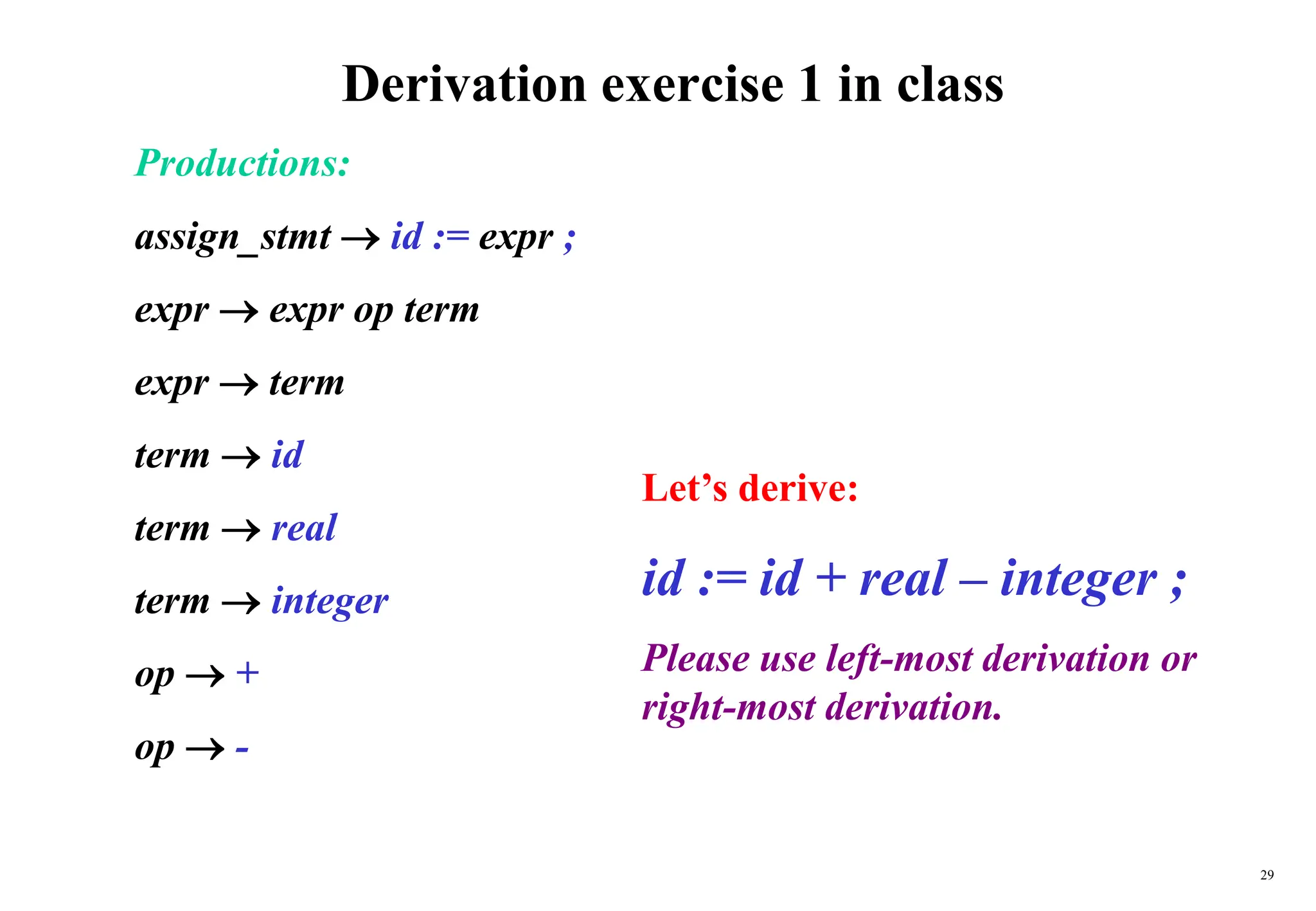 29
Derivation exercise 1 in class
Productions:
assign_stmt  id := expr ;
expr  expr op term
expr  term
term  id
term  real
term  integer
op  +
op  -
Let’s derive:
id := id + real – integer ;
Please use left-most derivation or
right-most derivation.
 
