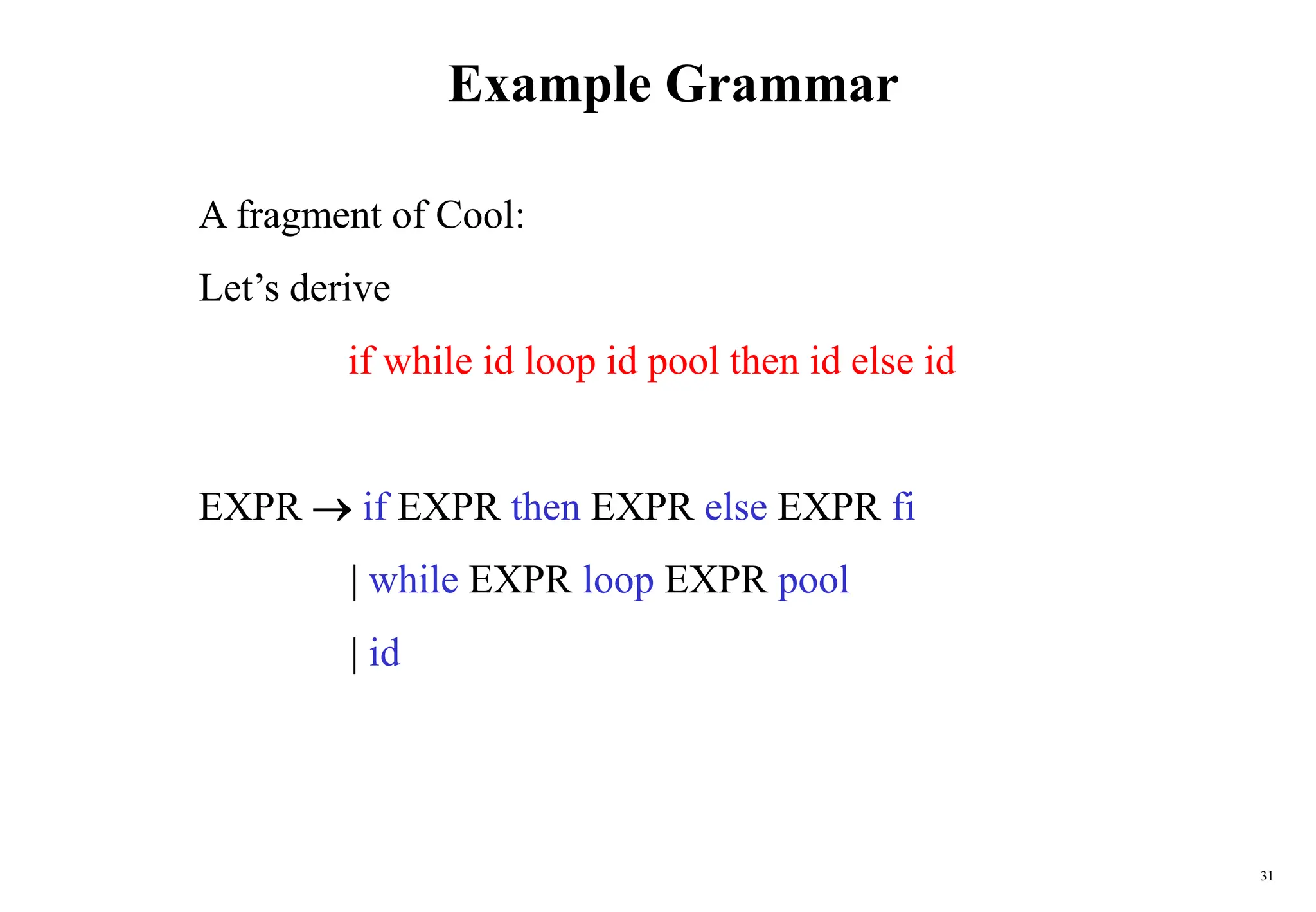 31
Example Grammar
A fragment of Cool:
Let’s derive
if while id loop id pool then id else id
EXPR  if EXPR then EXPR else EXPR fi
| while EXPR loop EXPR pool
| id
 