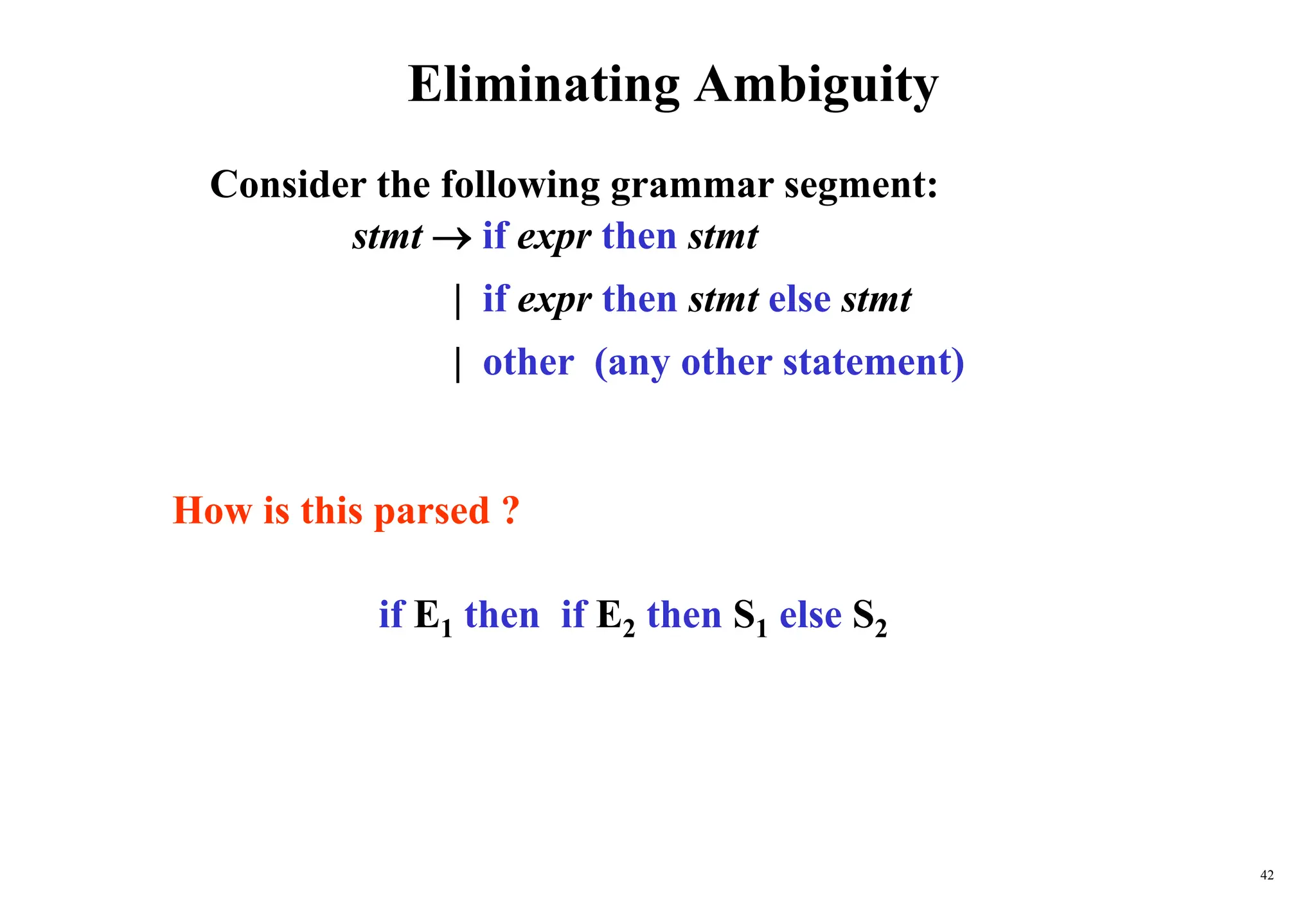 42
Eliminating Ambiguity
Consider the following grammar segment:
stmt  if expr then stmt
| if expr then stmt else stmt
| other (any other statement)
if E1 then if E2 then S1 else S2
How is this parsed ?
 
