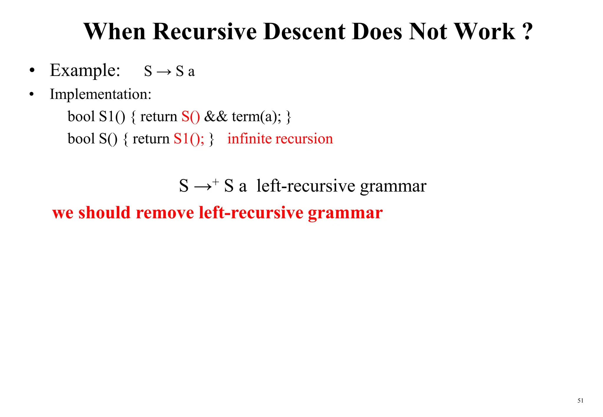 51
When Recursive Descent Does Not Work ?
• Example: S → S a
• Implementation:
bool S1() { return S() && term(a); }
bool S() { return S1(); } infinite recursion
S →+ S a left-recursive grammar
we should remove left-recursive grammar
 
