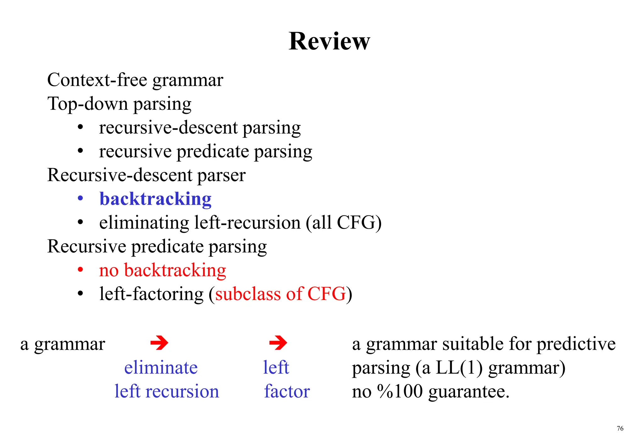 76
Review
Context-free grammar
Top-down parsing
• recursive-descent parsing
• recursive predicate parsing
Recursive-descent parser
• backtracking
• eliminating left-recursion (all CFG)
Recursive predicate parsing
• no backtracking
• left-factoring (subclass of CFG)
a grammar   a grammar suitable for predictive
eliminate left parsing (a LL(1) grammar)
left recursion factor no %100 guarantee.
 