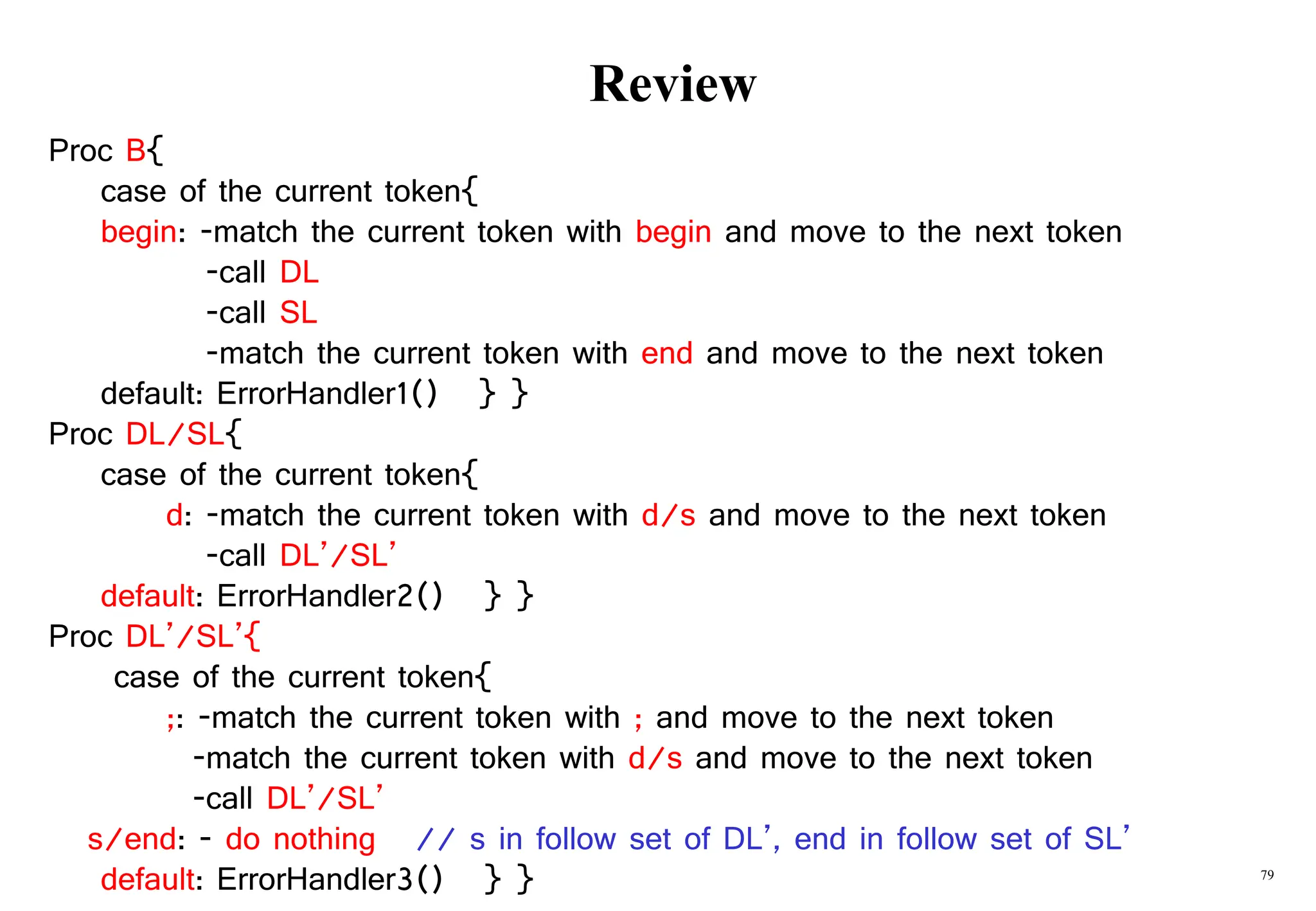 79
Review
Proc B{
case of the current token{
begin: -match the current token with begin and move to the next token
-call DL
-call SL
-match the current token with end and move to the next token
default: ErrorHandler1() } }
Proc DL/SL{
case of the current token{
d: -match the current token with d/s and move to the next token
-call DL’/SL’
default: ErrorHandler2() } }
Proc DL’/SL’{
case of the current token{
;: -match the current token with ; and move to the next token
-match the current token with d/s and move to the next token
-call DL’/SL’
s/end: - do nothing // s in follow set of DL’, end in follow set of SL’
default: ErrorHandler3() } }
 