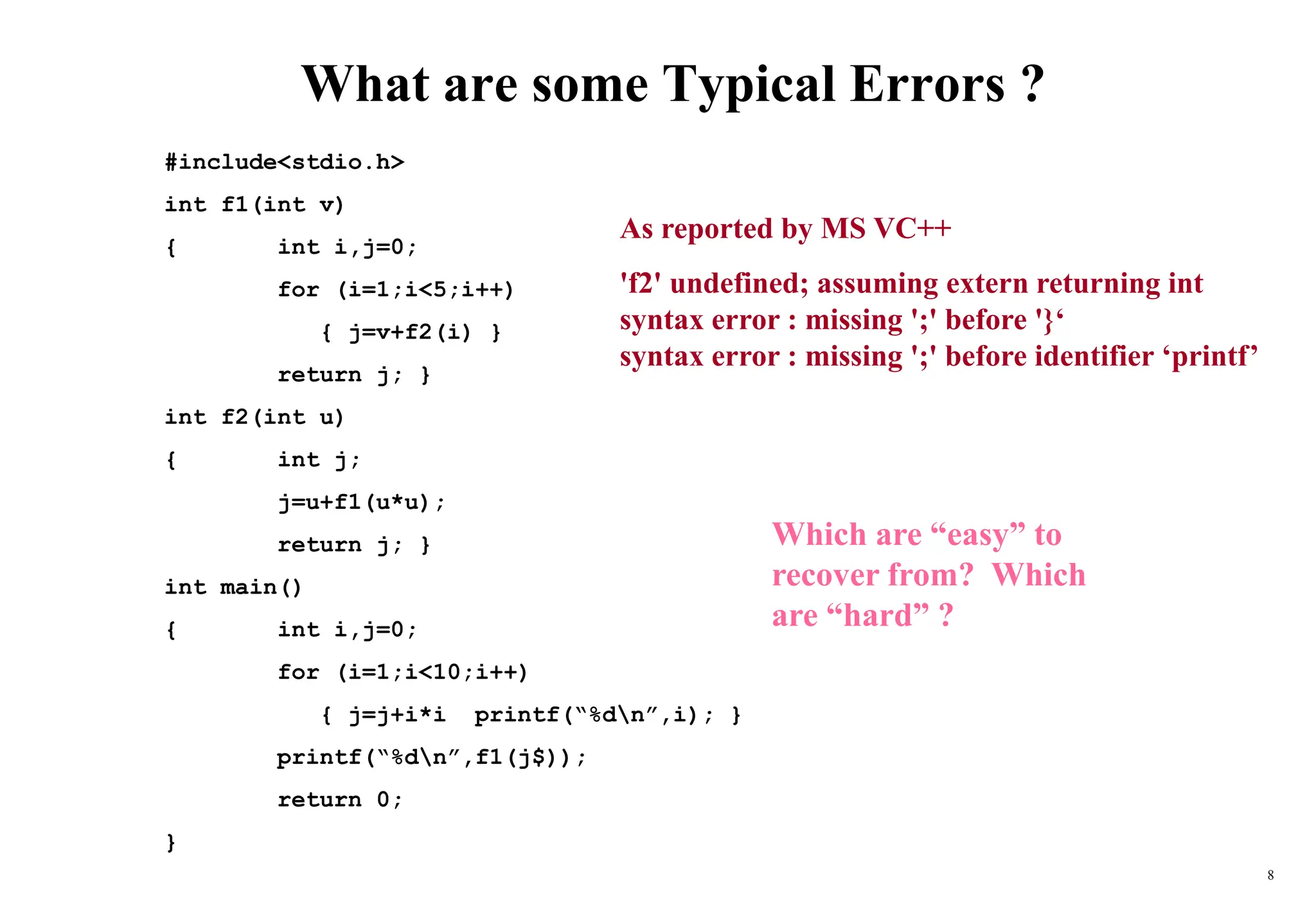 8
What are some Typical Errors ?
#include<stdio.h>
int f1(int v)
{ int i,j=0;
for (i=1;i<5;i++)
{ j=v+f2(i) }
return j; }
int f2(int u)
{ int j;
j=u+f1(u*u);
return j; }
int main()
{ int i,j=0;
for (i=1;i<10;i++)
{ j=j+i*i printf(“%dn”,i); }
printf(“%dn”,f1(j$));
return 0;
}
Which are “easy” to
recover from? Which
are “hard” ?
As reported by MS VC++
'f2' undefined; assuming extern returning int
syntax error : missing ';' before '}‘
syntax error : missing ';' before identifier ‘printf’
 