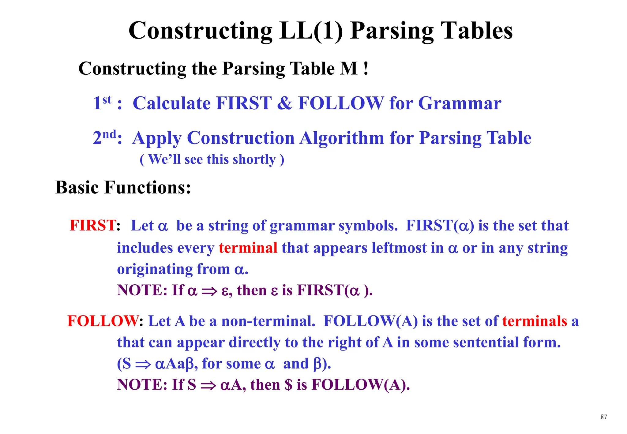 87
Constructing LL(1) Parsing Tables
Constructing the Parsing Table M !
1st : Calculate FIRST & FOLLOW for Grammar
2nd: Apply Construction Algorithm for Parsing Table
( We’ll see this shortly )
Basic Functions:
FIRST: Let  be a string of grammar symbols. FIRST() is the set that
includes every terminal that appears leftmost in  or in any string
originating from .
NOTE: If   , then  is FIRST( ).
FOLLOW: Let A be a non-terminal. FOLLOW(A) is the set of terminals a
that can appear directly to the right of A in some sentential form.
(S  Aa, for some  and ).
NOTE: If S  A, then $ is FOLLOW(A).
 