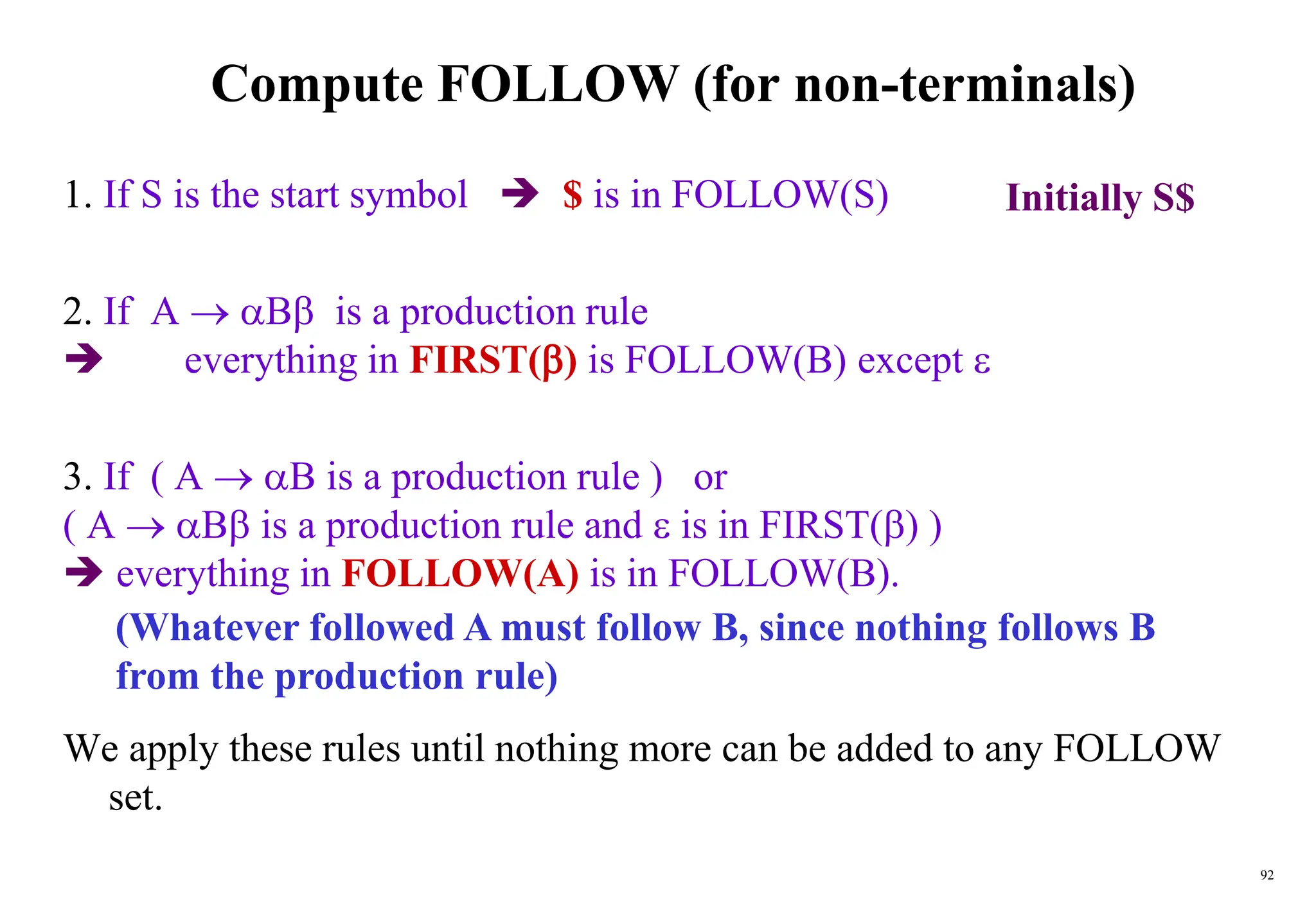 92
Compute FOLLOW (for non-terminals)
1. If S is the start symbol  $ is in FOLLOW(S)
2. If A  B is a production rule
 everything in FIRST() is FOLLOW(B) except 
3. If ( A  B is a production rule ) or
( A  B is a production rule and  is in FIRST() )
 everything in FOLLOW(A) is in FOLLOW(B).
We apply these rules until nothing more can be added to any FOLLOW
set.
(Whatever followed A must follow B, since nothing follows B
from the production rule)
Initially S$
 