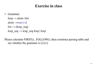108
Exercise in class
• Grammar:
lexp → atom | list
atom →num | id
list → (lexp_seq)
lexp_seq → lexp_seq lexp | lexp
Please calculate FIRST() , FOLLOW() ,then construct parsing table and
see whether the grammar is LL(1).
 
