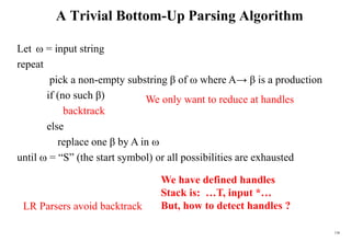 156
A Trivial Bottom-Up Parsing Algorithm
LR Parsers avoid backtrack
Let  = input string
repeat
pick a non-empty substring β of  where A→ β is a production
if (no such β)
backtrack
else
replace one β by A in 
until  = “S” (the start symbol) or all possibilities are exhausted
We only want to reduce at handles
We have defined handles
Stack is: …T, input *…
But, how to detect handles ?
 