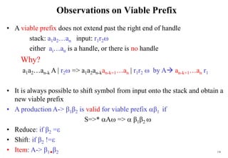 158
Observations on Viable Prefix
• A viable prefix does not extend past the right end of handle
stack: a1a2…an input: r1r2
either ai…an is a handle, or there is no handle
Why?
a1a2…an-k A | r2 => a1a2an-kan-k+1…an | r1r2  by A an-k+1…an r1
• It is always possible to shift symbol from input onto the stack and obtain a
new viable prefix
• A production A-> β1β2 is valid for viable prefix β1 if
S=>* A =>  β1β2 
• Reduce: if β2 =
• Shift: if β2 !=
• Item: A-> β1β2
 