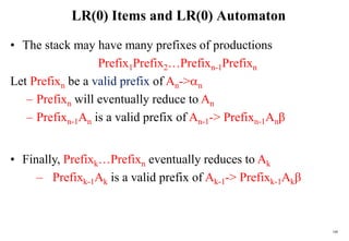 160
LR(0) Items and LR(0) Automaton
• The stack may have many prefixes of productions
Prefix1Prefix2…Prefixn-1Prefixn
Let Prefixn be a valid prefix of An->n
– Prefixn will eventually reduce to An
– Prefixn-1An is a valid prefix of An-1-> Prefixn-1Anβ
• Finally, Prefixk…Prefixn eventually reduces to Ak
– Prefixk-1Ak is a valid prefix of Ak-1-> Prefixk-1Akβ
 