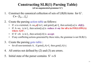 176
Constructing SLR(1) Parsing Table)
(of an augumented grammar G’)
1. Construct the canonical collection of sets of LR(0) items for G’.
C{I0,...,In}
2. Create the parsing action table as follows:
• If a is a terminal, Aa in Ii and goto(Ii,a)=Ij then action[i,a] is shift j.
• If A is in Ii , then action[i,a] is reduce A for all a in FOLLOW(A)
where AS’.
• If S’S. is in Ii , then action[i,$] is accept.
• If any conflicting actions generated by these rules, the grammar is not SLR(1).
3. Create the parsing goto table :
• for all non-terminals A, if goto(Ii,A)=Ij then goto[i,A]=j
4. All entries not defined by (2) and (3) are errors.
5. Initial state of the parser contains S’.S
 