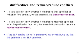 185
shift/reduce and reduce/reduce conflicts
• If a state does not know whether it will make a shift operation or
reduction for a terminal, we say that there is a shift/reduce conflict.
• If a state does not know whether it will make a reduction operation
using the production rule i or j for a terminal, we say that there is a
reduce/reduce conflict.
• If the SLR parsing table of a grammar G has a conflict, we say that
that grammar is not SLR grammar.
 