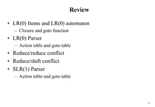 186
Review
• LR(0) Items and LR(0) automaton
– Closure and goto function
• LR(0) Parser
– Action table and goto table
• Reduce/reduce conflict
• Reduce/shift conflict
• SLR(1) Parser
– Action table and goto table
 