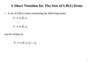 197
A Short Notation for The Sets of LR(1) Items
• A set of LR(1) items containing the following items
A  ., a1
...
A  ., an
can be written as
A  ., a1/a2/.../an
 