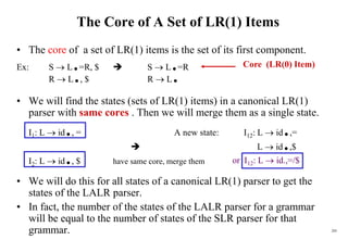 205
The Core of A Set of LR(1) Items
• The core of a set of LR(1) items is the set of its first component.
Ex: S  L.=R, $  S  L.=R
R  L., $ R  L.
• We will find the states (sets of LR(1) items) in a canonical LR(1)
parser with same cores . Then we will merge them as a single state.
I1: L  id., = A new state: I12: L  id.,=
 L  id.,$
I2: L  id., $ have same core, merge them
• We will do this for all states of a canonical LR(1) parser to get the
states of the LALR parser.
• In fact, the number of the states of the LALR parser for a grammar
will be equal to the number of states of the SLR parser for that
grammar.
or I12: L  id.,=/$
Core (LR(0) Item)
 
