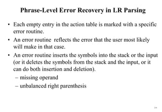 214
Phrase-Level Error Recovery in LR Parsing
• Each empty entry in the action table is marked with a specific
error routine.
• An error routine reflects the error that the user most likely
will make in that case.
• An error routine inserts the symbols into the stack or the input
(or it deletes the symbols from the stack and the input, or it
can do both insertion and deletion).
– missing operand
– unbalanced right parenthesis
 