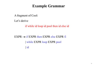 31
Example Grammar
A fragment of Cool:
Let’s derive
if while id loop id pool then id else id
EXPR  if EXPR then EXPR else EXPR fi
| while EXPR loop EXPR pool
| id
 