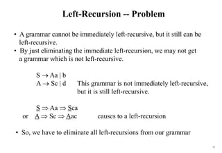 55
Left-Recursion -- Problem
• A grammar cannot be immediately left-recursive, but it still can be
left-recursive.
• By just eliminating the immediate left-recursion, we may not get
a grammar which is not left-recursive.
S  Aa | b
A  Sc | d This grammar is not immediately left-recursive,
but it is still left-recursive.
S  Aa  Sca
or A  Sc  Aac causes to a left-recursion
• So, we have to eliminate all left-recursions from our grammar
 
