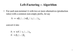 67
Left-Factoring -- Algorithm
• For each non-terminal A with two or more alternatives (production
rules) with a common non-empty prefix, let say
A  1 | ... | n | 1 | ... | m
convert it into
A  A’ | 1 | ... | m
A’  1 | ... | n
 