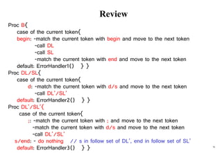 79
Review
Proc B{
case of the current token{
begin: -match the current token with begin and move to the next token
-call DL
-call SL
-match the current token with end and move to the next token
default: ErrorHandler1() } }
Proc DL/SL{
case of the current token{
d: -match the current token with d/s and move to the next token
-call DL’/SL’
default: ErrorHandler2() } }
Proc DL’/SL’{
case of the current token{
;: -match the current token with ; and move to the next token
-match the current token with d/s and move to the next token
-call DL’/SL’
s/end: - do nothing // s in follow set of DL’, end in follow set of SL’
default: ErrorHandler3() } }
 