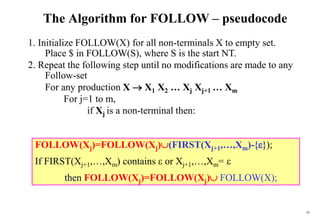 93
The Algorithm for FOLLOW – pseudocode
1. Initialize FOLLOW(X) for all non-terminals X to empty set.
Place $ in FOLLOW(S), where S is the start NT.
2. Repeat the following step until no modifications are made to any
Follow-set
For any production X  X1 X2 … Xj Xj+1 … Xm
For j=1 to m,
if Xj is a non-terminal then:
FOLLOW(Xj)=FOLLOW(Xj)(FIRST(Xj+1,…,Xm)-{});
If FIRST(Xj+1,…,Xm) contains  or Xj+1,…,Xm= 
then FOLLOW(Xj)=FOLLOW(Xj) FOLLOW(X);
 
